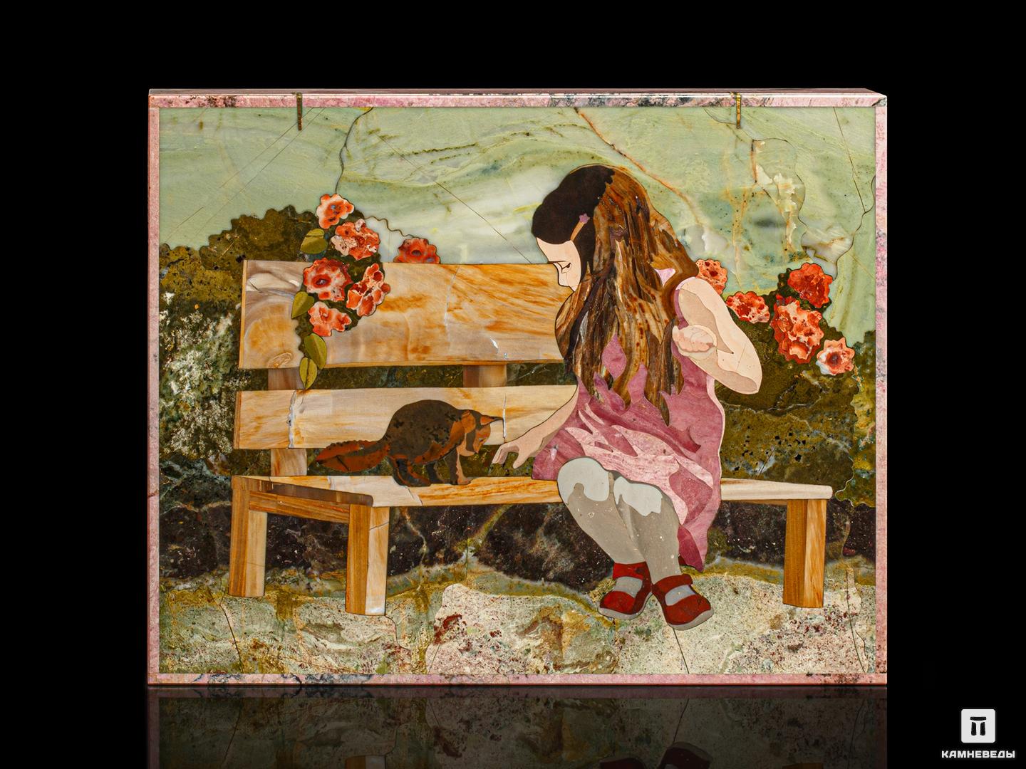 Шкатулка из натуральных камней «Девочка с котёнком» в деревянном ларце девочка с косичками