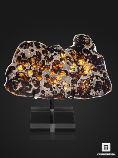 Метеориты, Оливин. Метеорит Brenham c оливином, пластина на подставке 14,3х8,9х0,2 см (85,6 г)