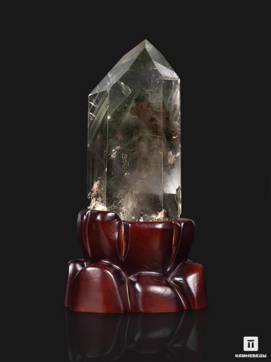 Горный хрусталь с фантомом, приполированный кристалл на деревянной подставке 25,5х13,5х12 см