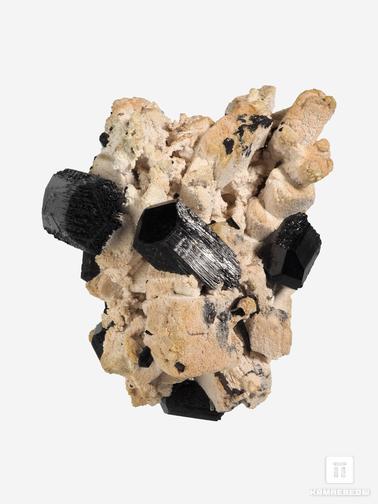 Шерл, Микроклин, Турмалин. Шерл (чёрный турмалин) двухголовые кристаллы на микроклине, 11х8,7х5,7 см