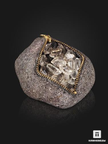 Горный хрусталь, Херкимерский алмаз. Сувенир из камня «кошелёк» с «херкимерским алмазом» (кристаллами горного хрусталя), 11,7х10,4х6,8 см