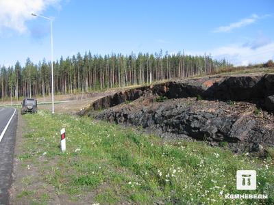 Выходы протерозойских агломератовых базальтовых туфов. В обнажении около дороги выходят аломератовые (грубообломочные) туфы базальтов (“соломенская брекчия”) суйсарской свиты людиковийского надгоризонта нижнего протерозоя.