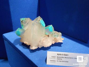 Ахоит, Кварц. Ярко-голубой ахоит в кристаллах кварца. 
Фото сделано на минералогической выставке "Mineralientage München 2012" в Мюнхене.